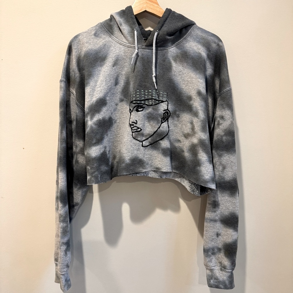 Grey tie dye cropped hoodie embroidered face Size large